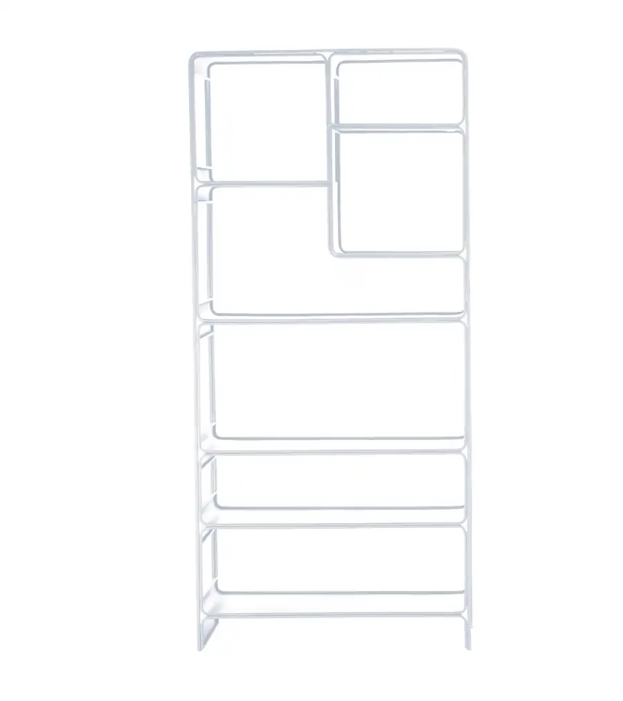 Étagère Dallas en métal blanc vue de face, cases asymétriques en haut et tablettes cintrées