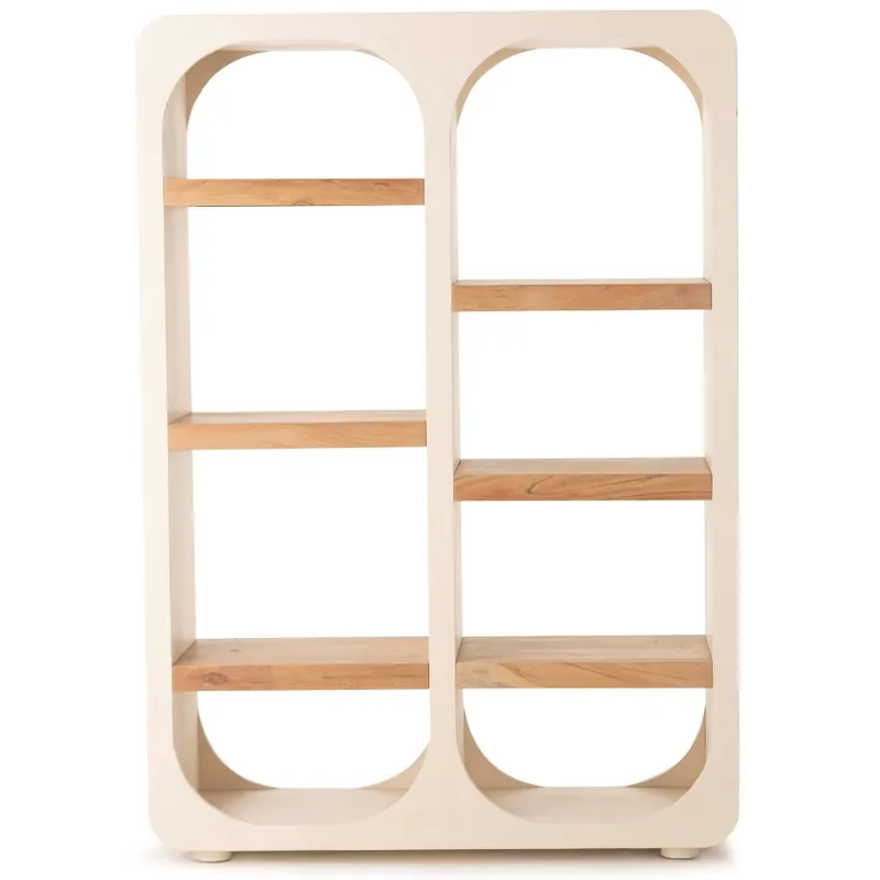 Bibliothèque Comino Athezza de face, deux colonnes en arche et tablettes en bois naturel