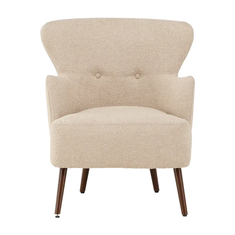 Fauteuil à dossier évasé Lincoln en bouclette beige, vu de face avec deux boutons au dossier