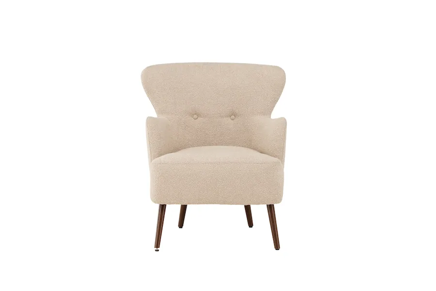Fauteuil à dossier évasé Lincoln en bouclette beige, vu de face avec deux boutons au dossier