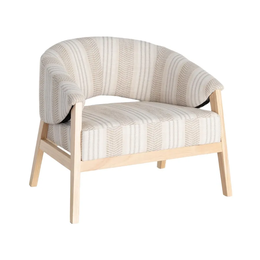 Fauteuil tonneau en tissu rayé à pieds en bois Ixia 82 cm Beige/Bois clair