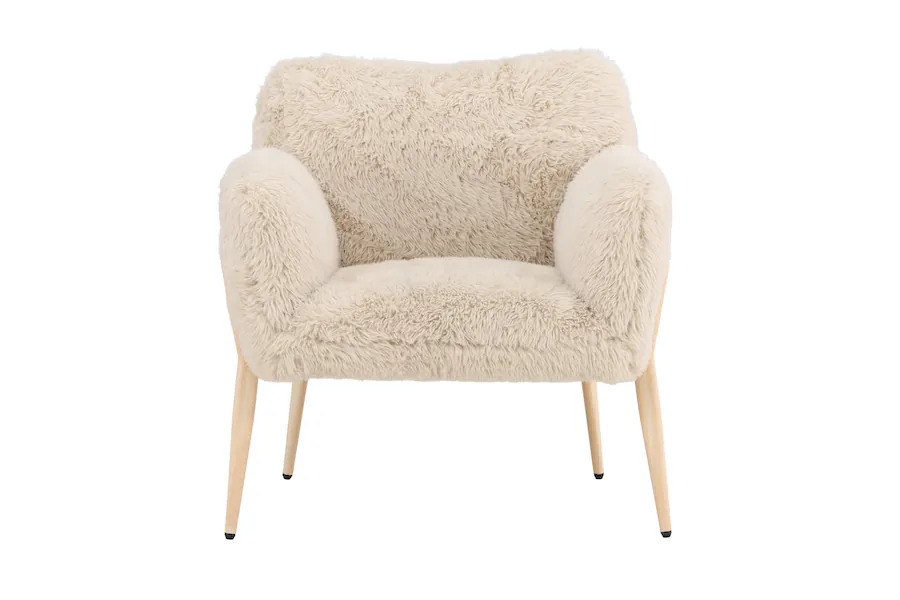 Fauteuil fausse fourrure Zenzi beige vu de face, sur pieds fins effet bois