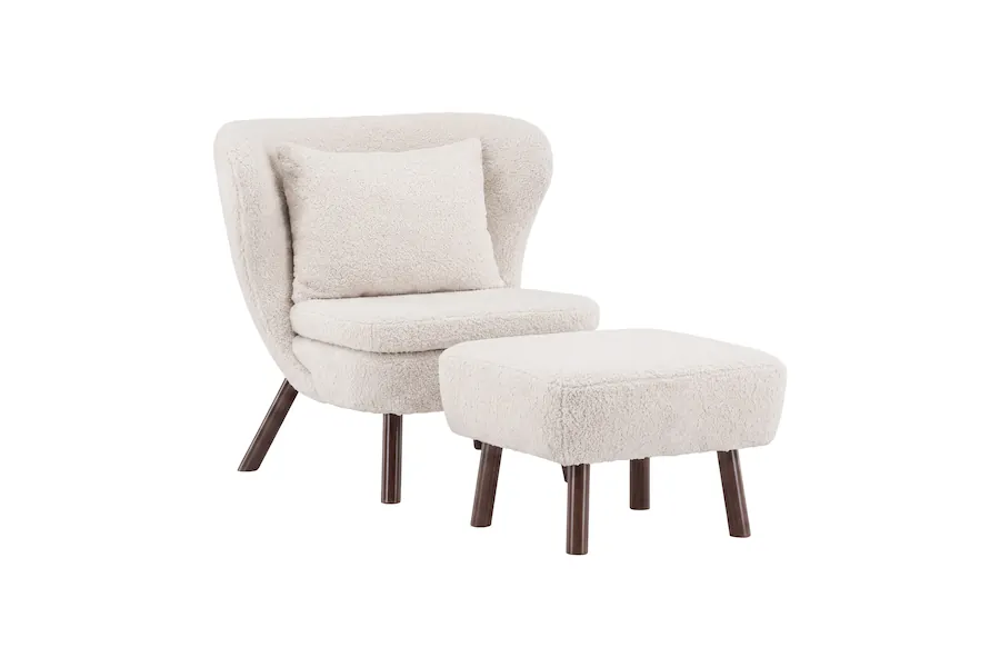 Fauteuil à dossier enveloppant et repose-pied assorti en bouclé blanc cassé, vue de trois quarts