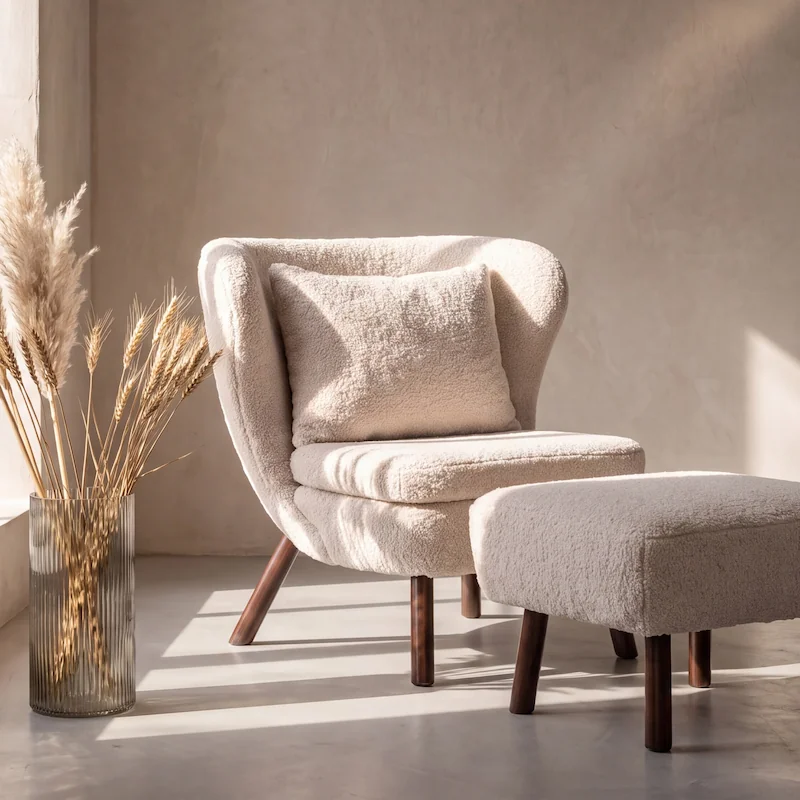 Fauteuil à dossier enveloppant et repose-pied assorti en bouclé blanc cassé, vue de trois quarts