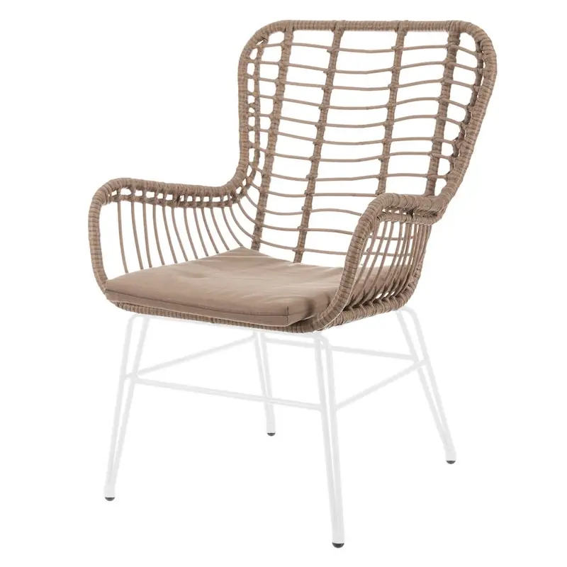 Fauteuil de jardin tressé Ariki à haut dossier ajouré, accoudoirs, coussin d'assise taupe et pieds en acier blanc