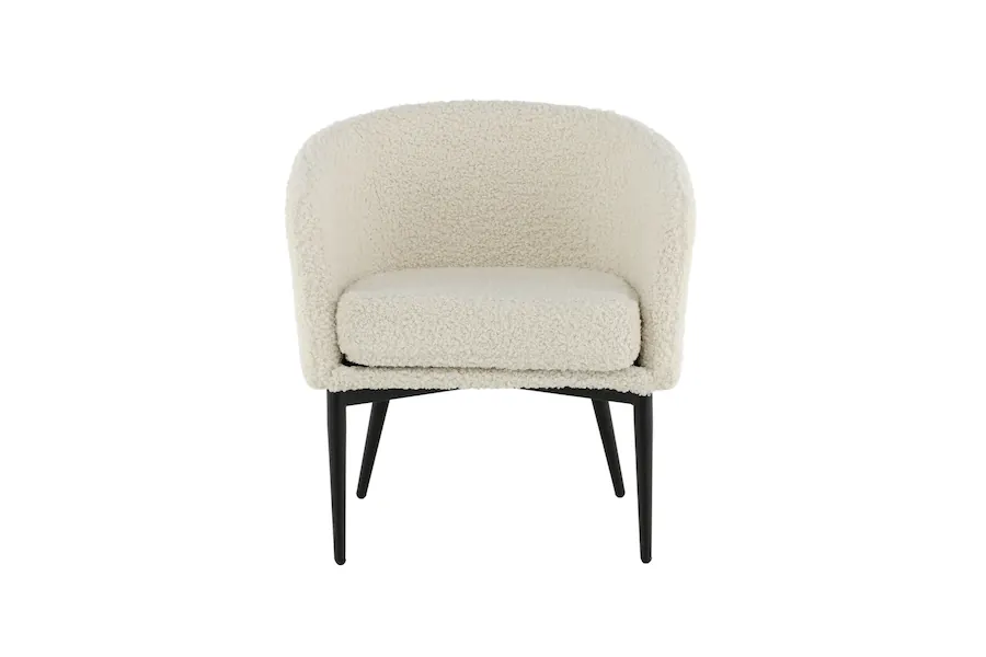 Fauteuil teddy bouclé blanc cassé Venture Home vu de face, coussin d'assise intégré et pieds noirs