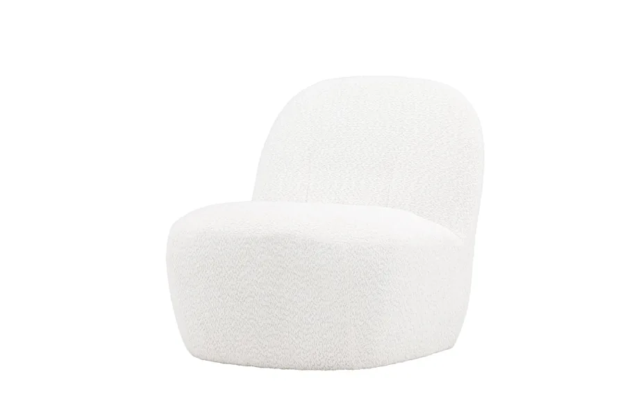 Fauteuil blanc en trois quarts avant, silhouette arrondie sans accoudoirs