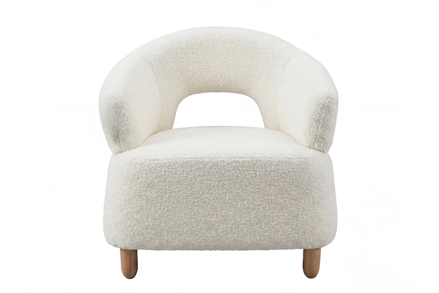 Fauteuil Moglas en bouclé blanc vu de face, avec son dossier arrondi ajouré et ses pieds en bois clair