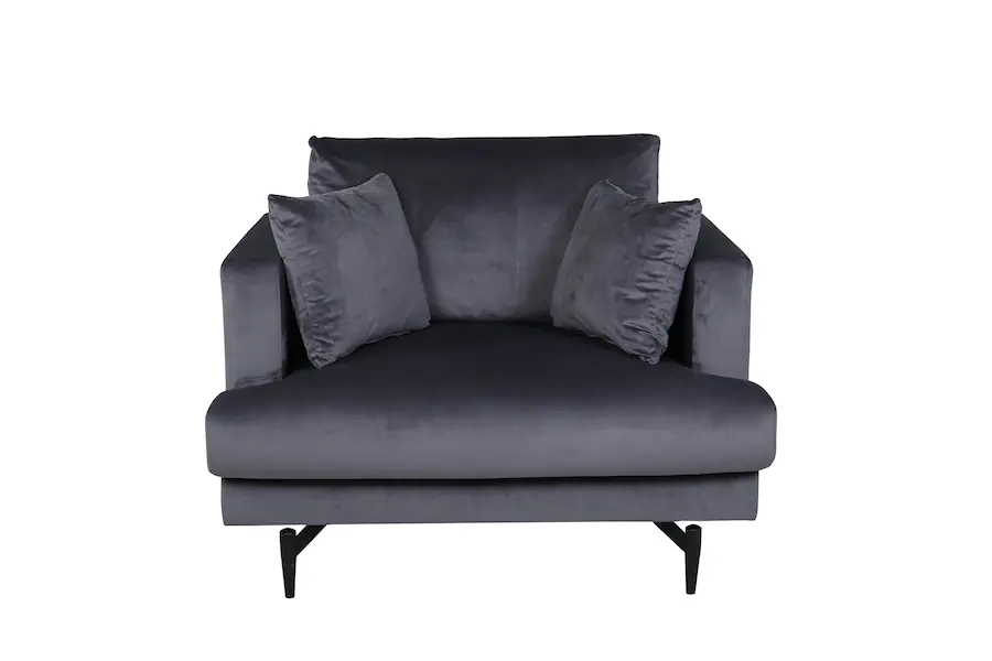 Fauteuil Sofia gris foncé en velours, vu de face avec deux coussins décoratifs