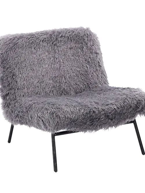 Fauteuil Domme en fausse fourrure grise, pieds métal – Athezza