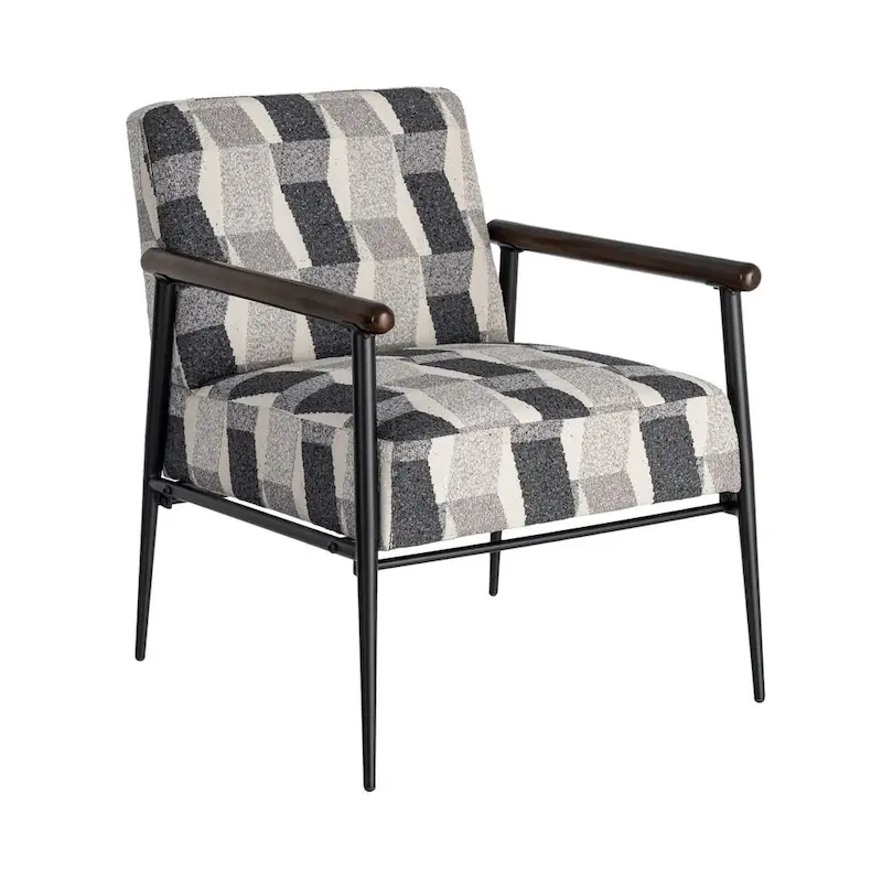 Fauteuil Ixia gris de trois quarts face sur fond blanc, accoudoirs en bois foncé