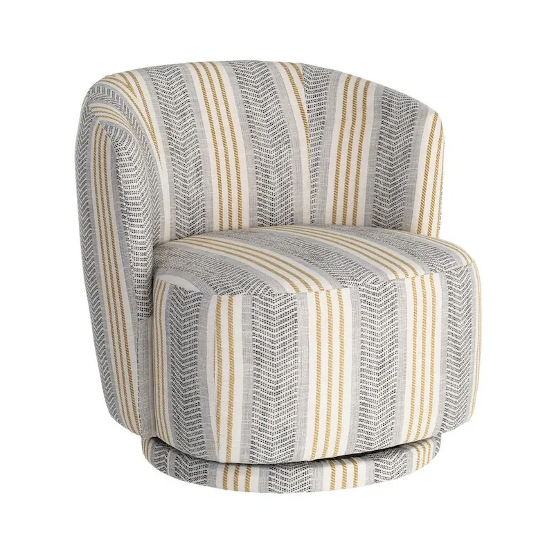 Fauteuil Ixia gris de trois quarts face sur fond blanc, rayures gris et moutarde
