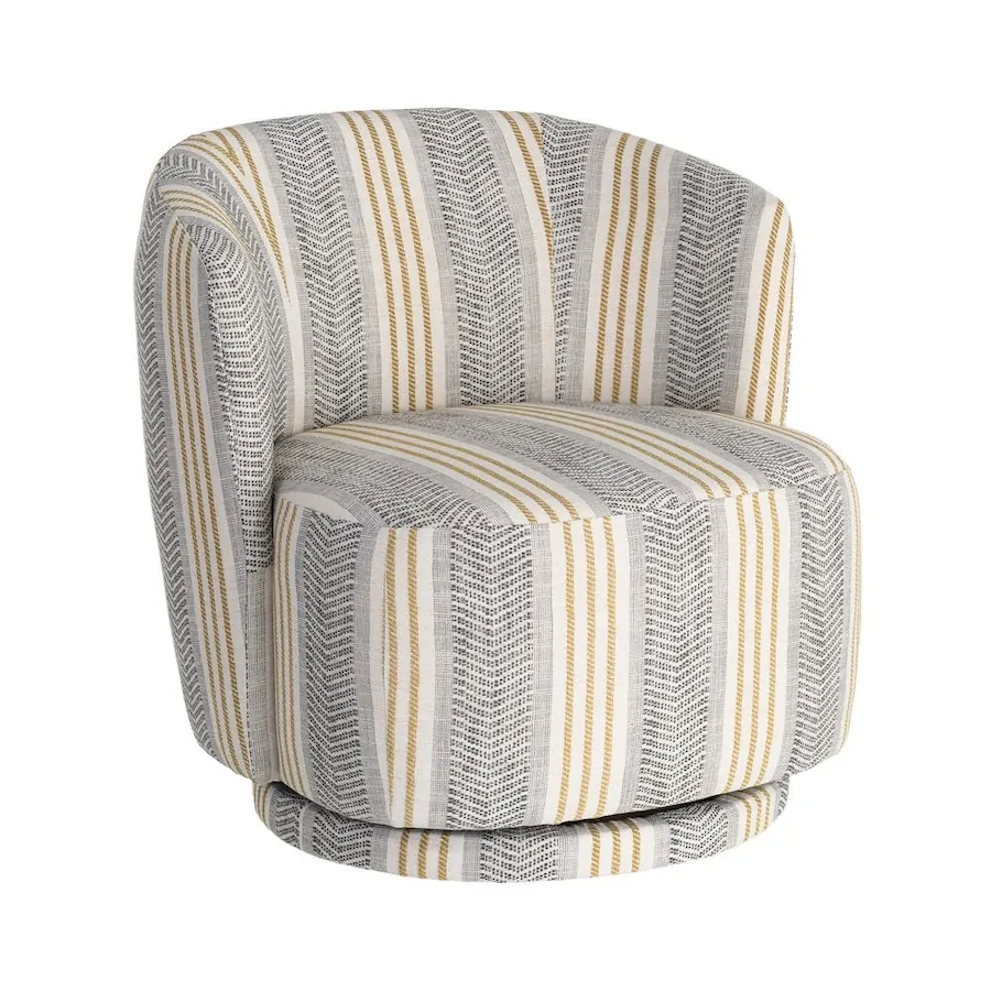 Fauteuil Ixia gris de trois quarts face sur fond blanc, rayures gris et moutarde