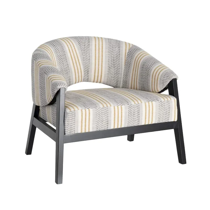 Fauteuil tonneau en tissu rayé à pieds en bois 82 cm