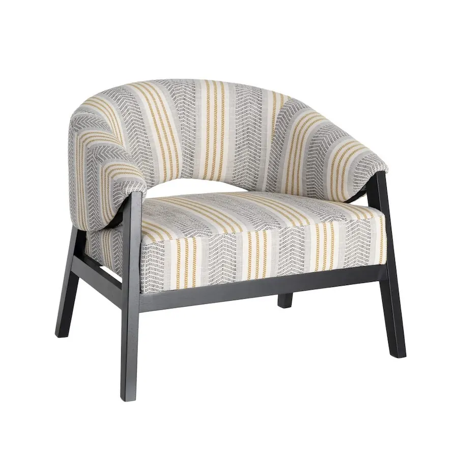 Fauteuil Ixia gris de trois quarts face, assise large et dossier arrondi