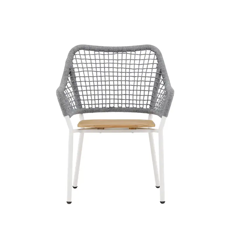 Fauteuil de jardin en corde Amora vu de face, assise en teck et pieds blancs