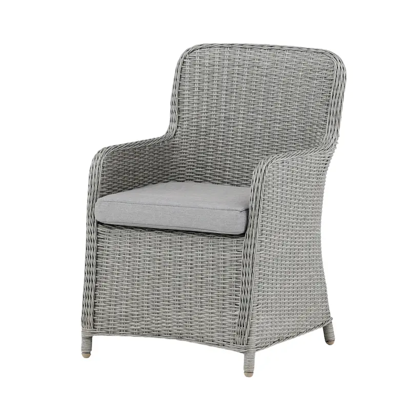 Fauteuil de jardin à accoudoirs Wembley vu de trois quarts, tressage gris en rotin synthétique