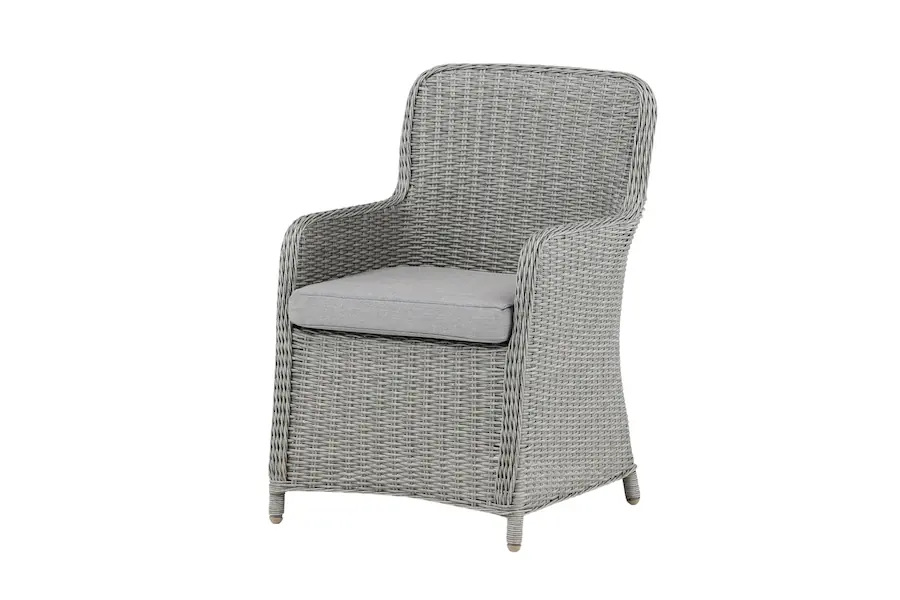 Fauteuil de jardin à accoudoirs Wembley vu de trois quarts, tressage gris en rotin synthétique