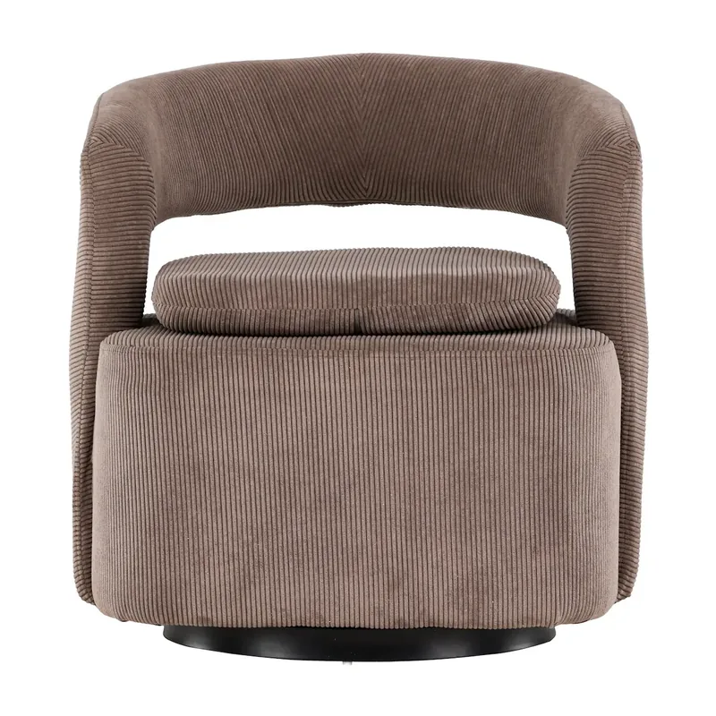 Fauteuil en tissu côtelé Laurel taupe vu de face, dossier ouvert et coussin d'assise