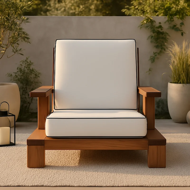 Fauteuil de jardin en acacia Daria en trois quarts, coussins blancs