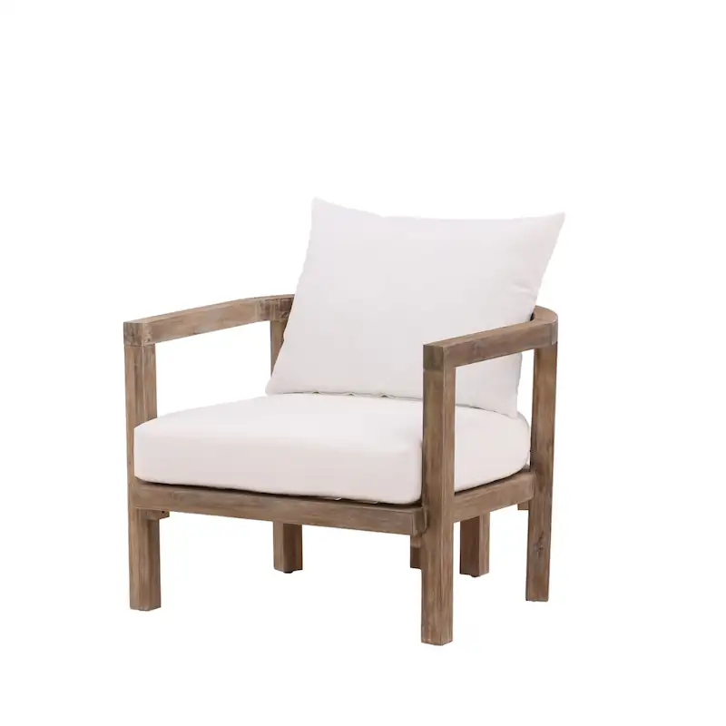 Fauteuil Erica en trois quarts avant, structure en acacia brun et accoudoirs