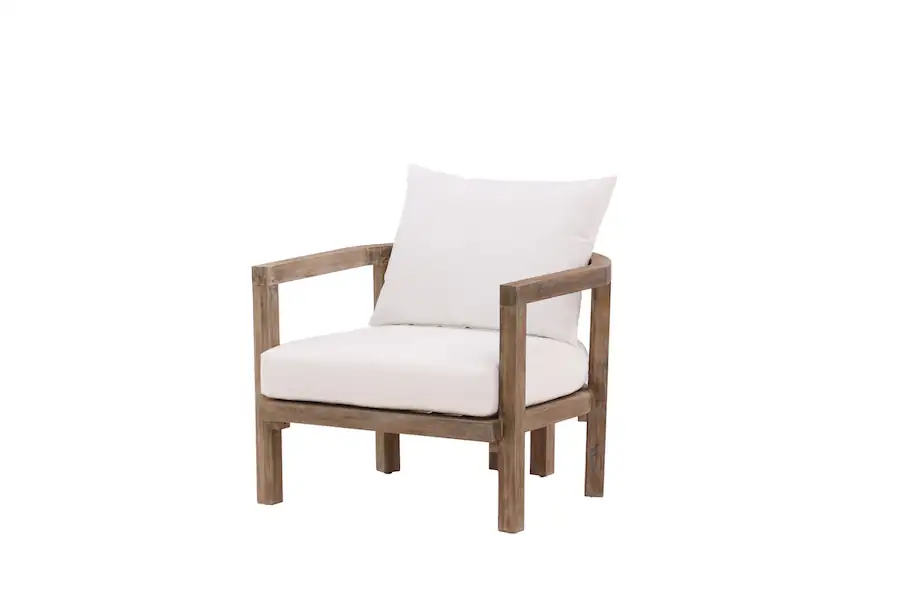 Fauteuil Erica en trois quarts avant, structure en acacia brun et accoudoirs