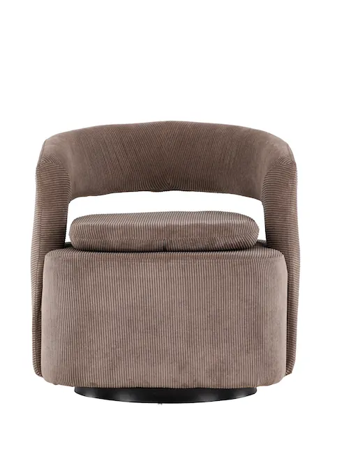 Fauteuil en tissu côtelé Laurel taupe vu de face, dossier ouvert et coussin d'assise