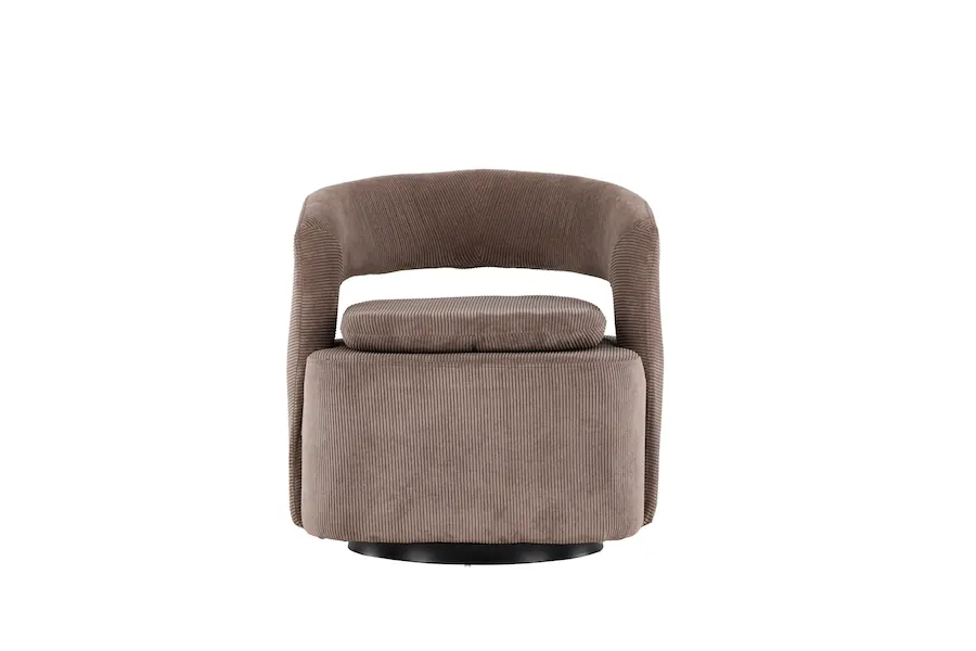 Fauteuil en tissu côtelé Laurel taupe vu de face, dossier ouvert et coussin d'assise