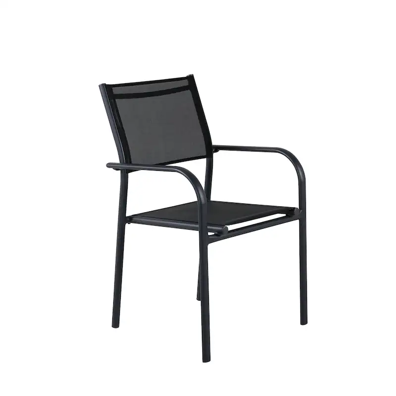 Fauteuil de jardin empilable noir Santorini en trois quarts, cadre en aluminium et assise en textilène