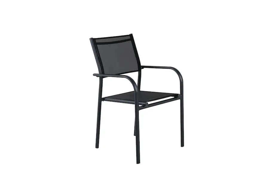 Fauteuil de jardin empilable noir Santorini en trois quarts, cadre en aluminium et assise en textilène