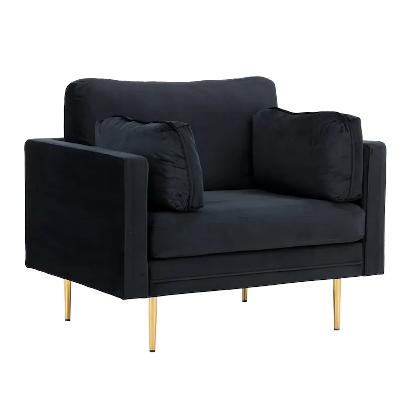 Fauteuil noir de trois quarts, dossier à coussin et pieds dorés