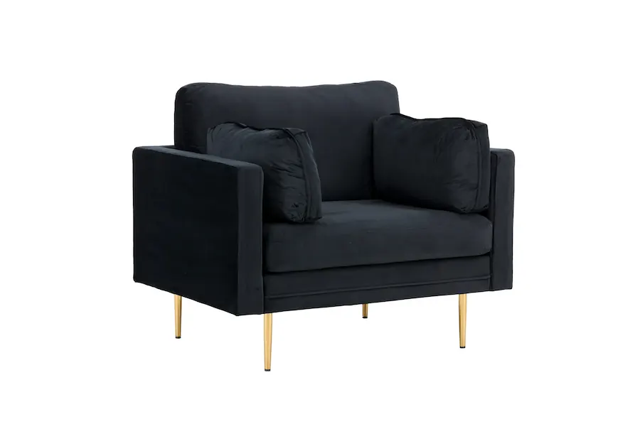 Fauteuil noir de trois quarts, dossier à coussin et pieds dorés