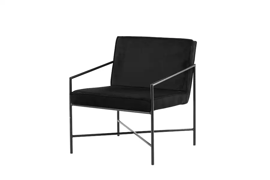 Fauteuil noir en trois quarts avant, accoudoir métallique fin et assise en velours