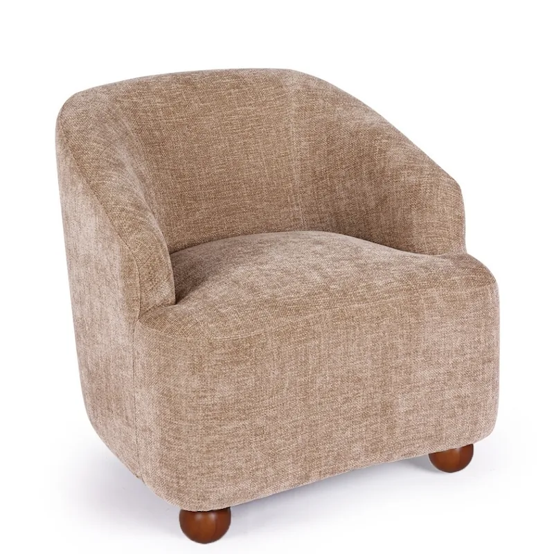 Fauteuil Dakota en tissu taupe sur pieds boules en bois