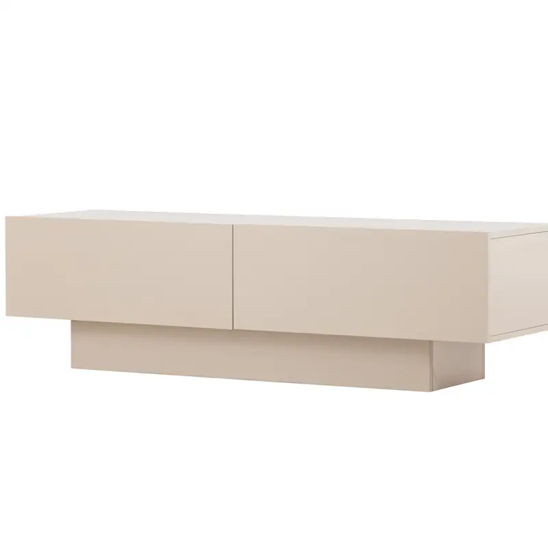 Meuble TV Cuenca beige en bois aggloméré, vue trois-quarts avec façades et socle central