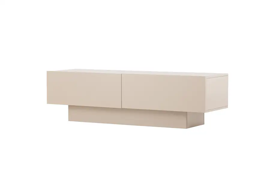 Meuble TV Cuenca beige en bois aggloméré, vue trois-quarts avec façades et socle central