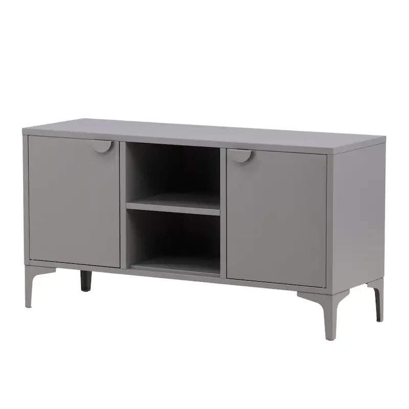 Meuble TV Piring en métal gris clair, vue trois-quarts avec portes, niche ouverte et pieds fins