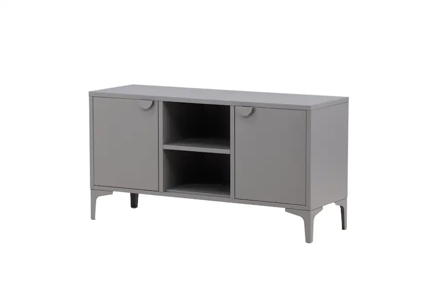 Meuble TV Piring en métal gris clair, vue trois-quarts avec portes, niche ouverte et pieds fins