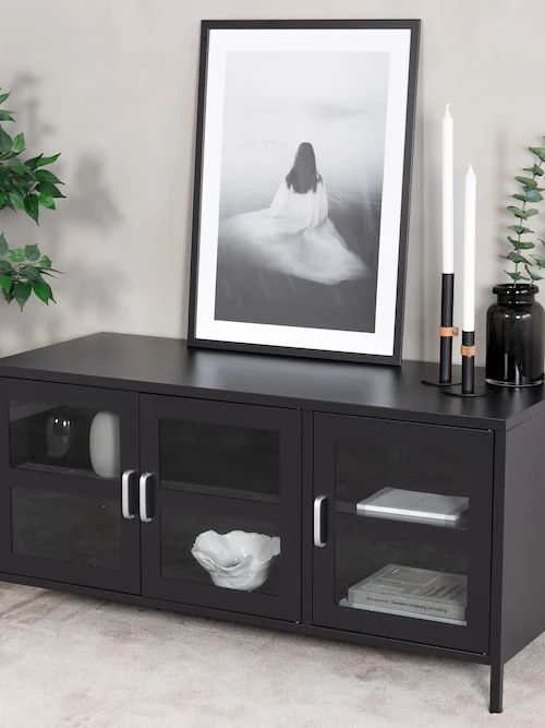 Meuble TV Acero en métal à trois portes vitrées, 120 cm