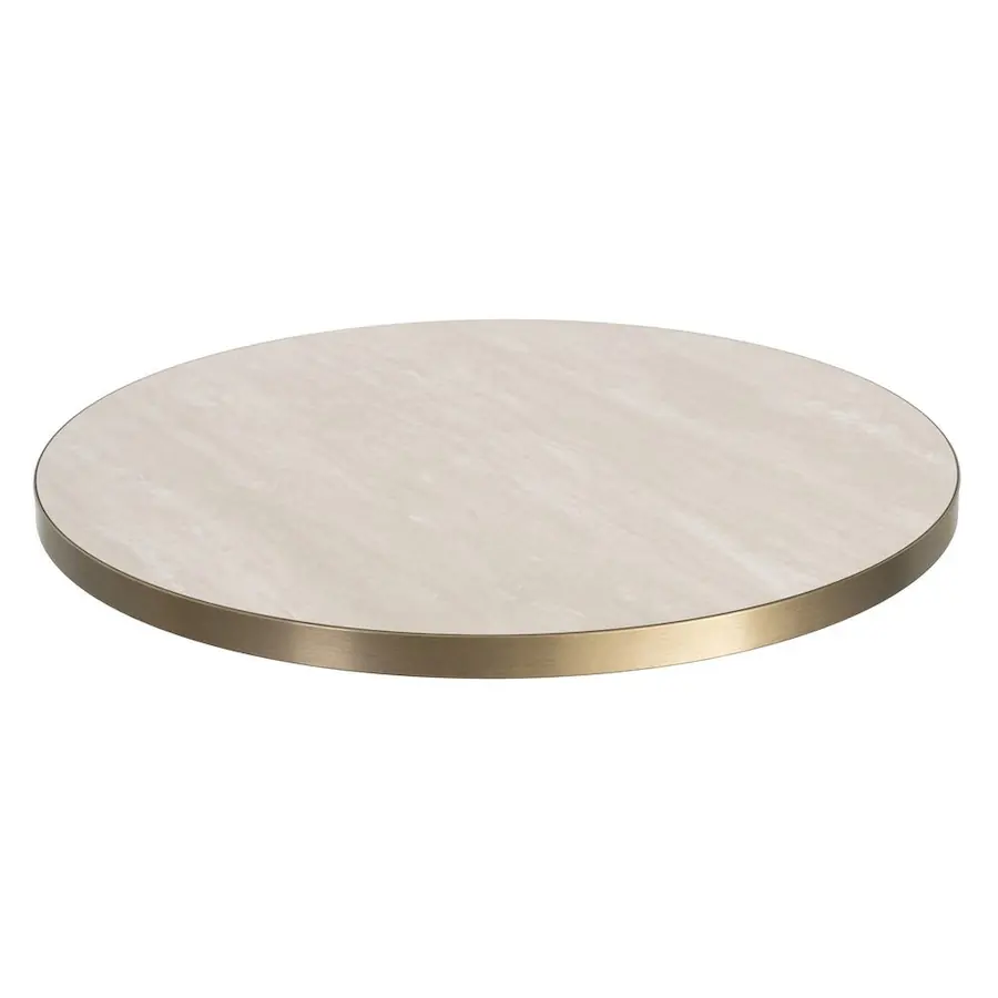 Plateau de table rond en pierre frittée Ixia à bordure dorée, présenté seul