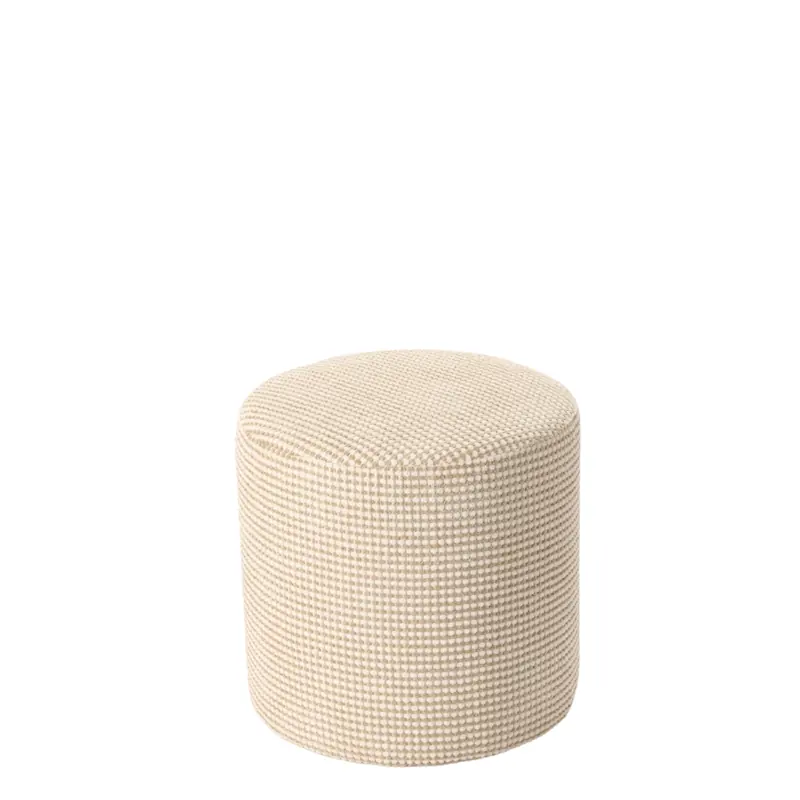 Pouf Livia cylindrique en tissu ecru, vu de trois quarts