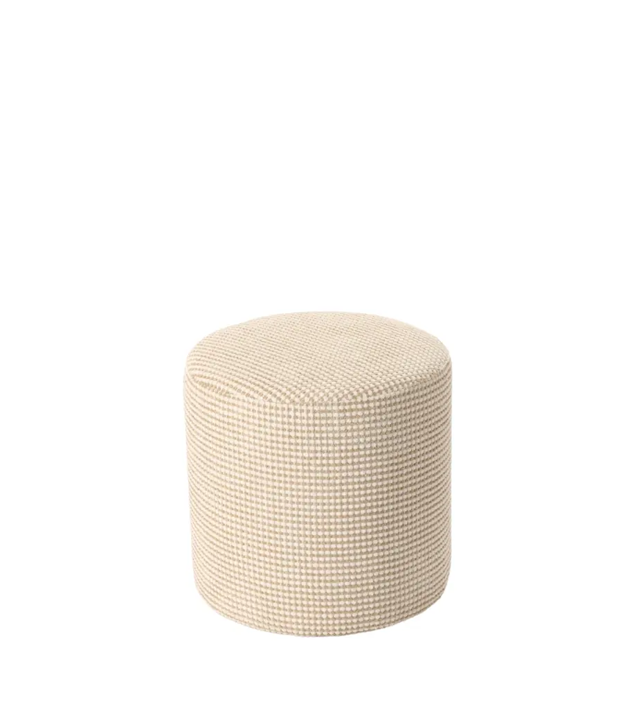 Pouf Livia cylindrique en tissu ecru, vu de trois quarts