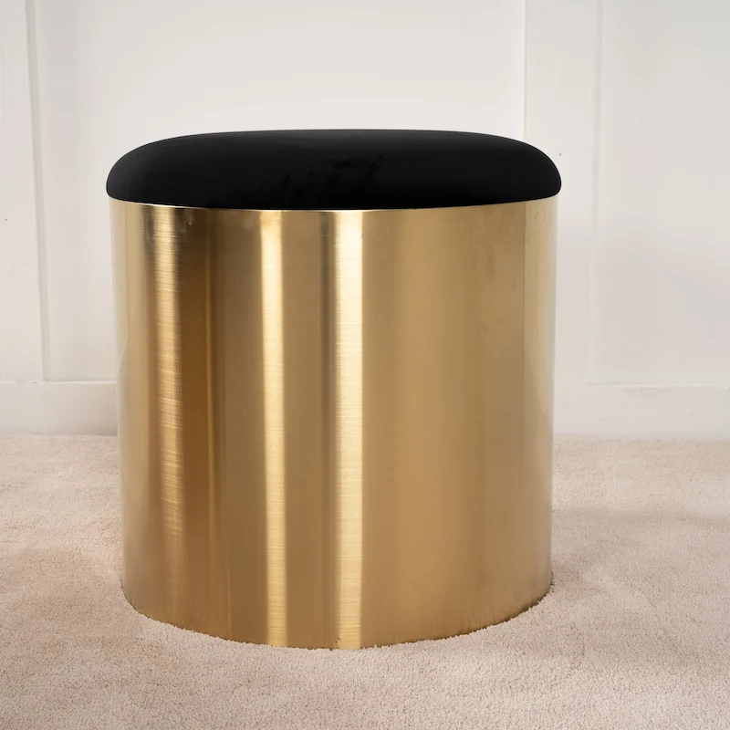 Pouf velours noir Furniture Fashion au corps cylindrique en métal doré