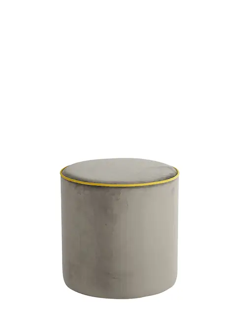 Pouf rond Countra en velours taupe, passepoil citron – Athezza