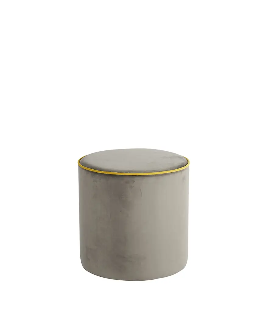 Pouf rond Countra en velours taupe à passepoil jaune