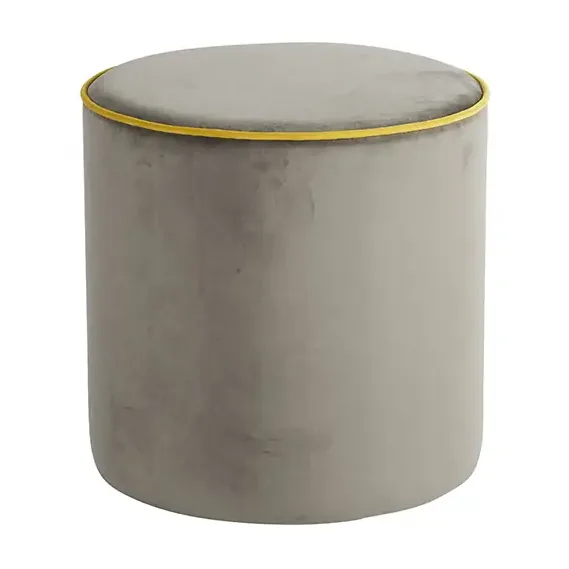 Pouf rond Countra en velours taupe à passepoil jaune