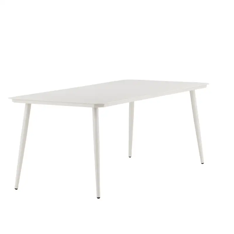 Table de jardin rectangulaire Lina en aluminium beige, vue en trois quarts sur ses quatre pieds fuselés