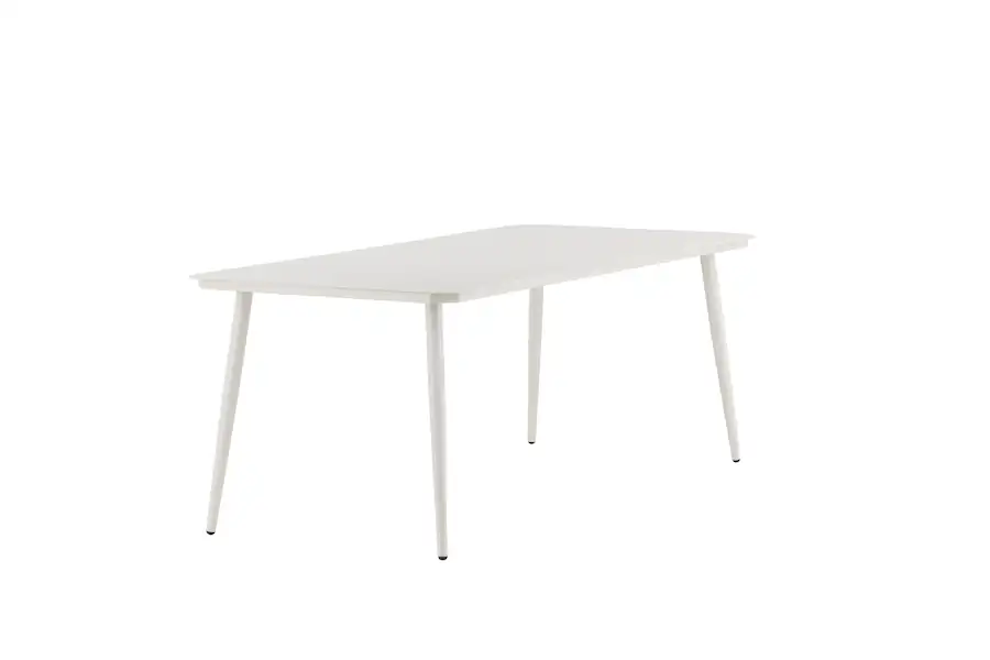 Table de jardin rectangulaire Lina en aluminium beige, vue en trois quarts sur ses quatre pieds fuselés