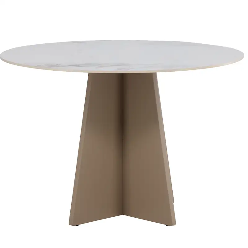 Table à manger ronde Bootcut à plateau effet marbre, vue de face, pied beige en croix