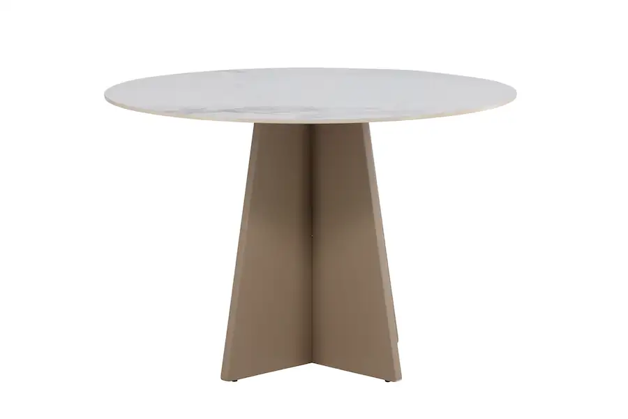 Table à manger ronde Bootcut à plateau effet marbre, vue de face, pied beige en croix